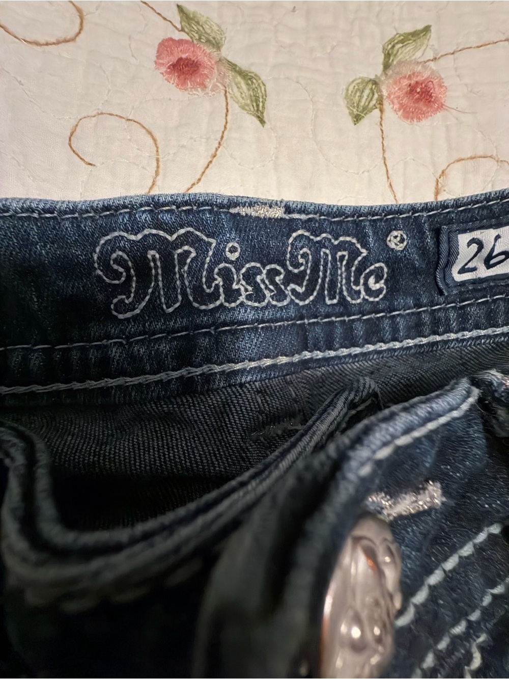 “MISS ME””Signature Dark Wash Denim Jean Shorts with Embellished Pockets - Blue - Picture 8 of 13